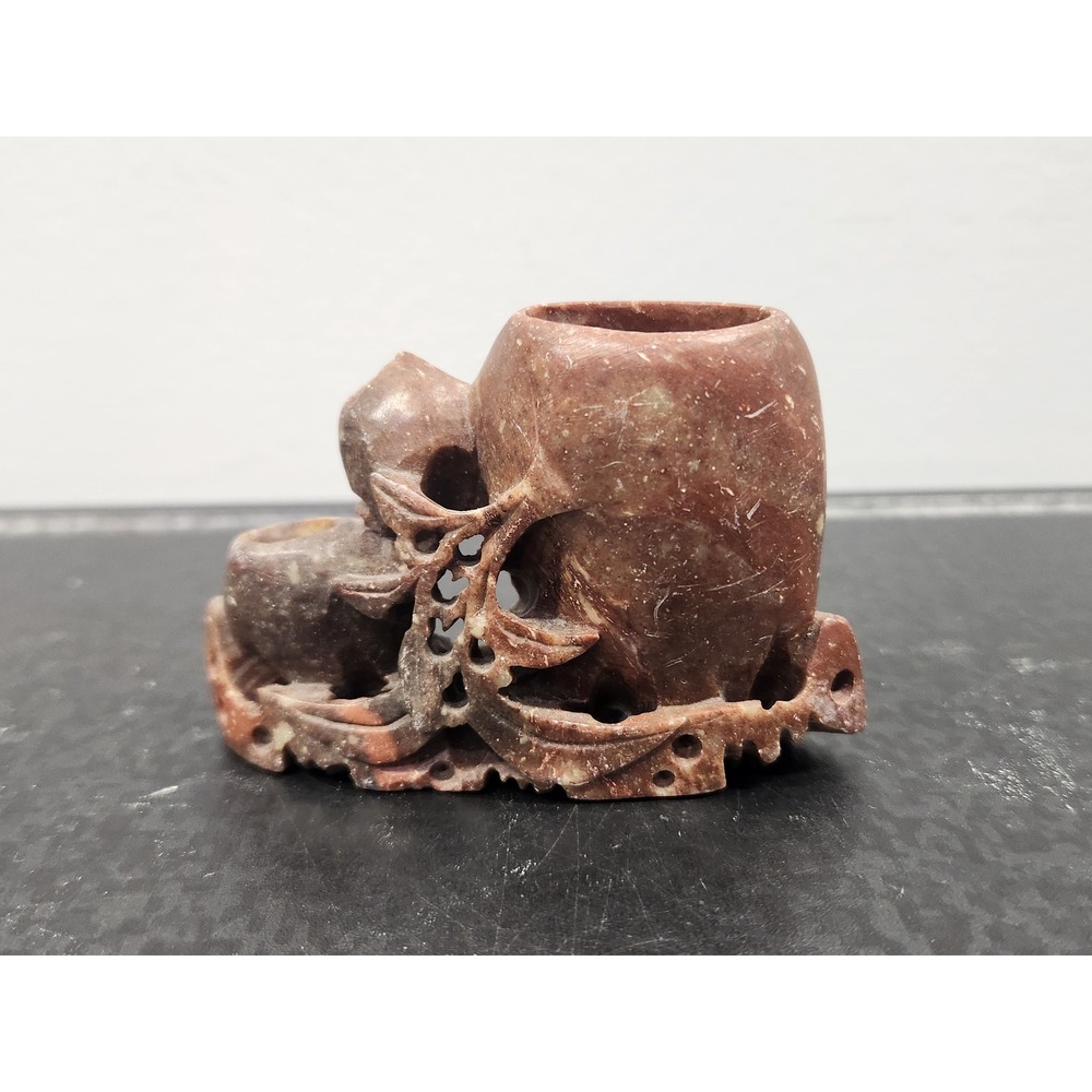 Vintage Hand Carved Soapstone Double Chinese Vase Red Brown Floral Vessel Good